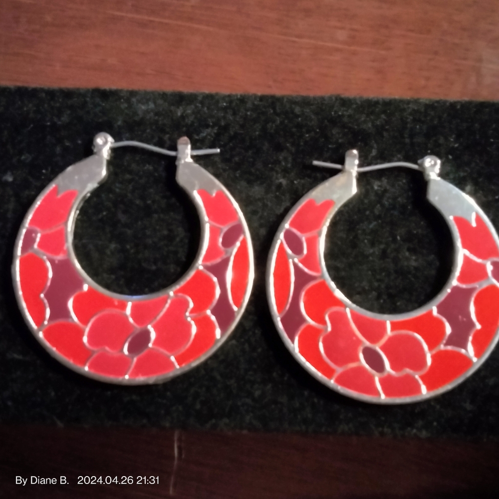 Silver Plated Pink & Red Floral Enamel Hoop Earrings